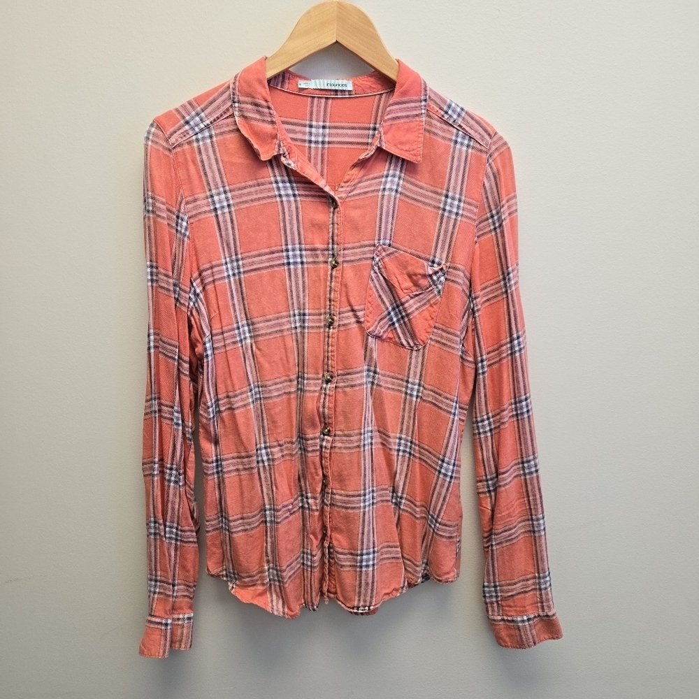Maurices Large Pink Plaid Acid Wash Button Shirt